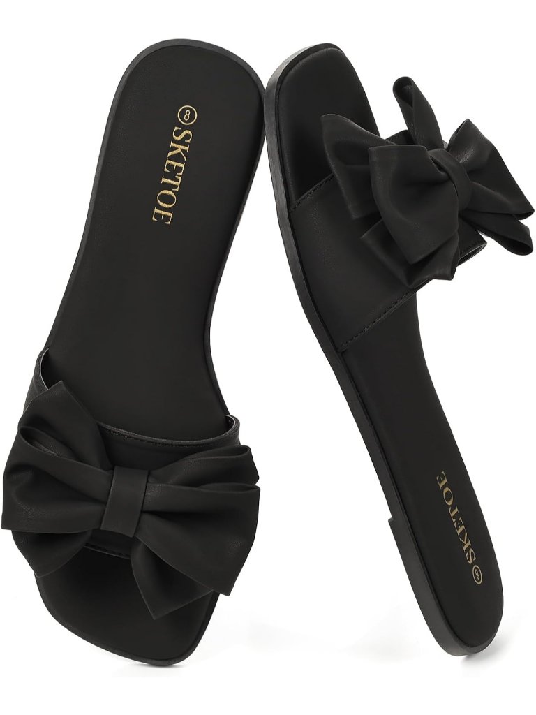 Women's Black Faux Leather Bow Flat Sandals Open Saquare Toe Comfortable Slides